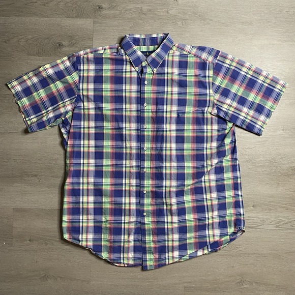 Ralph Lauren Shirt Mens 2XLT Tall Blue Plaid Madras Cotton Short Sleeve Casual - Picture 2 of 9